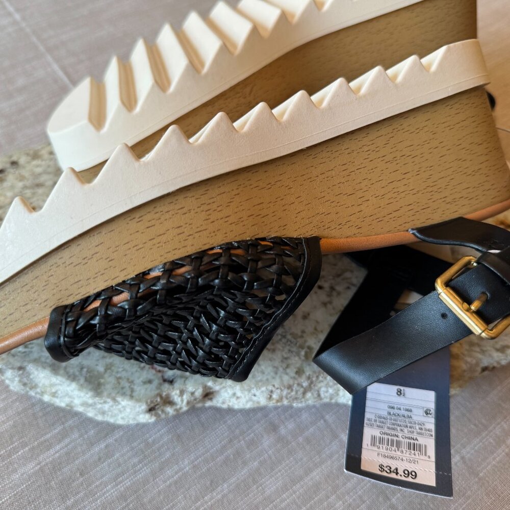 NWT Black Espadrille Style Wedge Sandals With Gold Buckle Sz. 8.5 - Picture 5 of 6